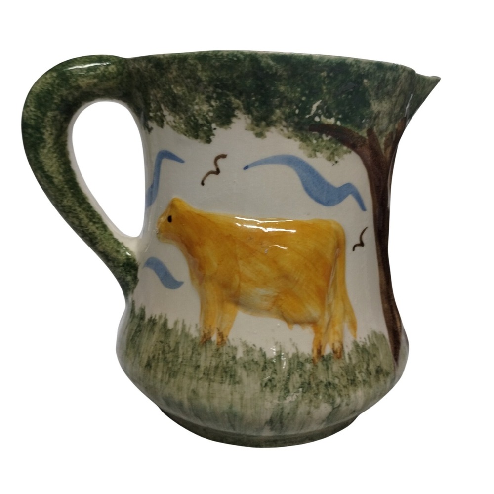 Hand Painted Farm Cow Pottery Pitcher Folk Art‎ Signed Cak Family USA